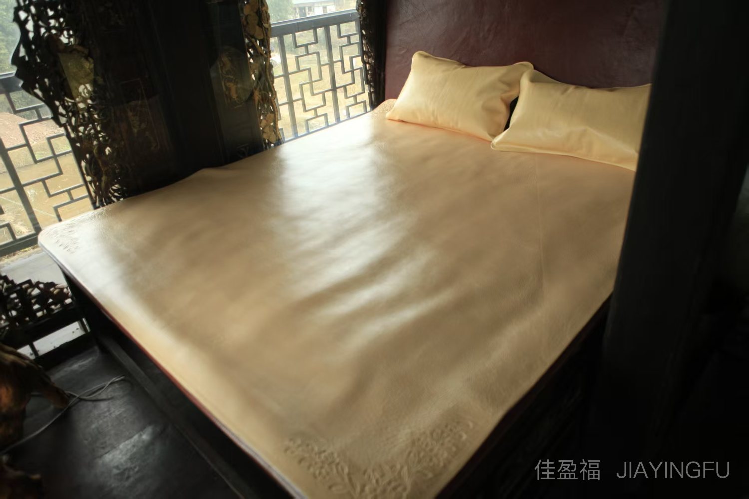 Tan on bed