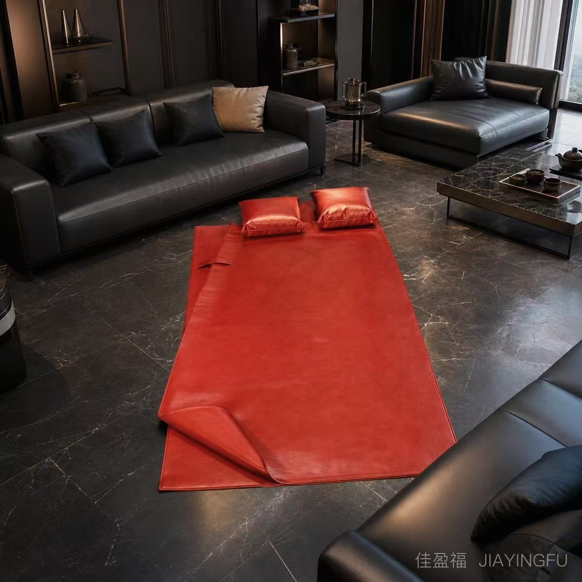Dark interior with red cowhide rug